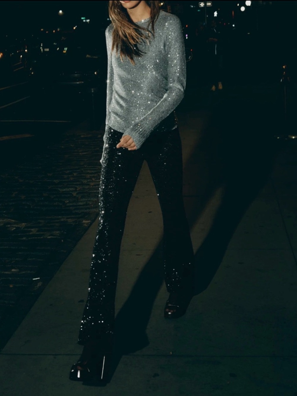 Sz M women’s zara flare fit Sequin Wide-Leg Pants - Black
